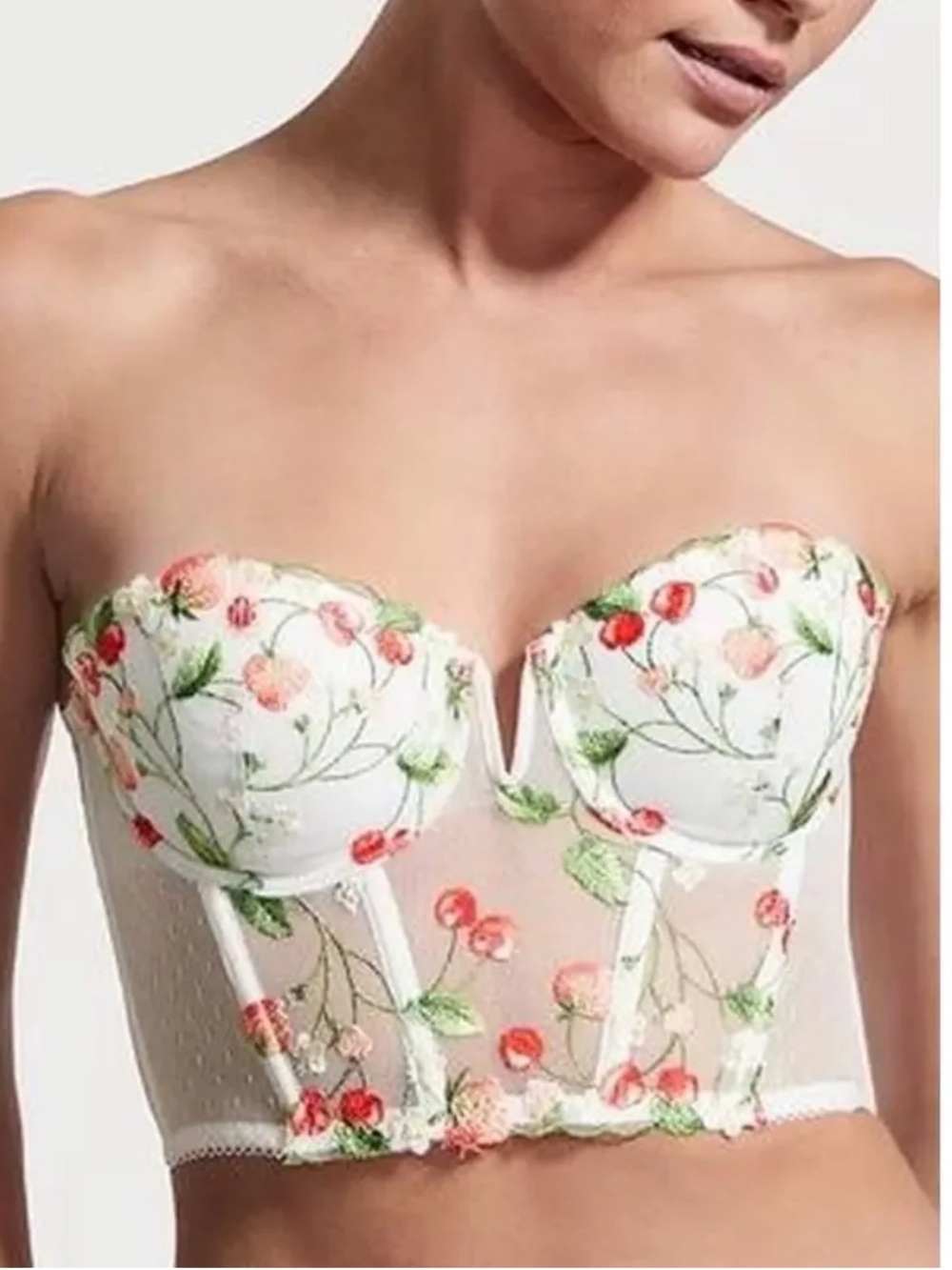 Victoria’s Secret strawberry Cherry embroidered corset top bustier 32D NWT